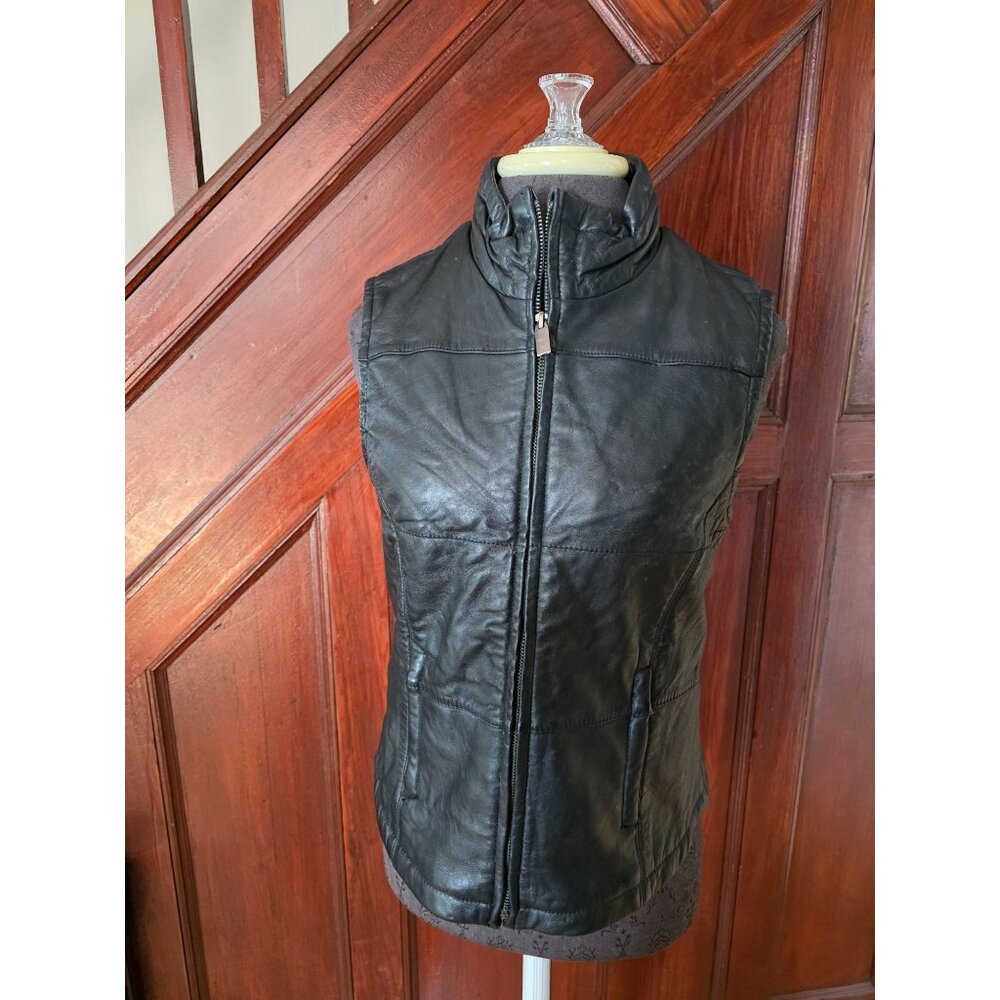 Brandon Thomas Womens Black Leather Puffer Vest Jacket S